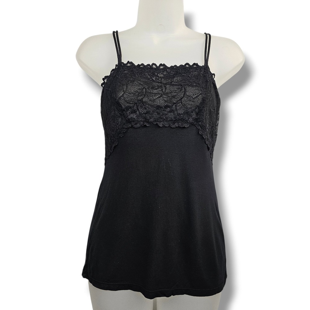 Y2K Felina‎ Babydoll Cami Black Lace Trim Womens S Whimsigoth Coquette Dark Chic